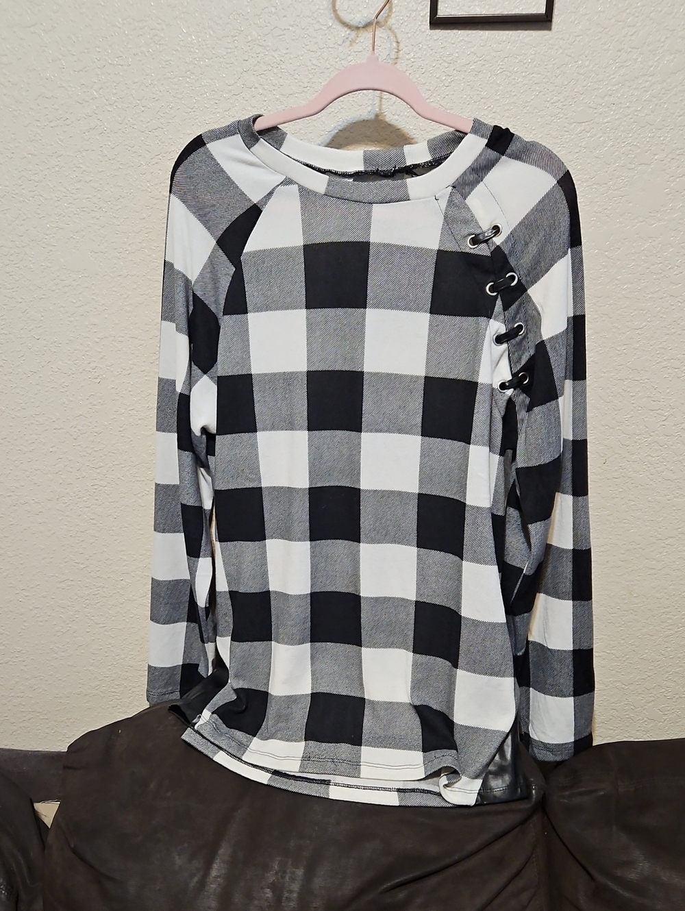 Women's Black & White Buffalo Plaid Lace-Up Long Sleeve Tee
